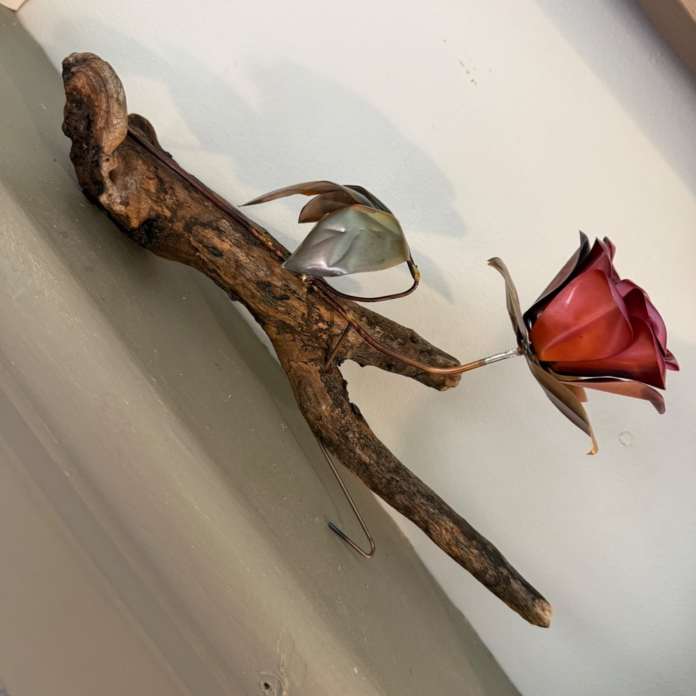 VTG Copper Brutalist Rose Sculpture Driftwood Burl Wood Base Copper Red Floral